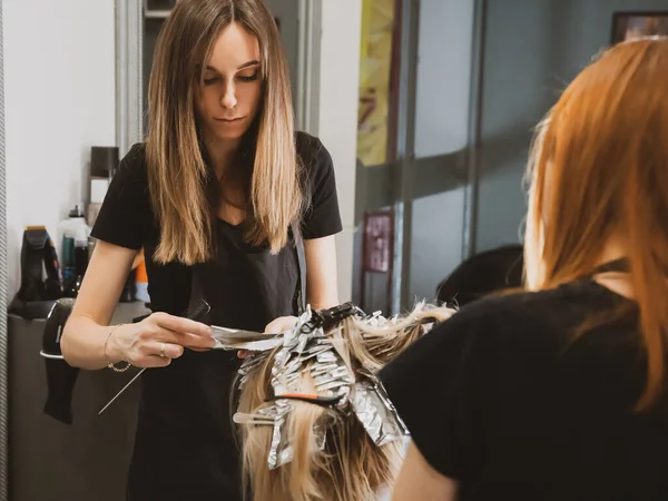 Hair Coloring Beauty Salon Professional Wizard Paints Hair Salon Beauty — Stock Photo, Image