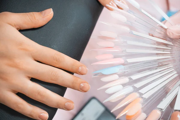 Manicure salon client choosing color of nail polish for manicure from palette colors. Woman getting nail manicure. Professional manicure in beauty salon. Nail art, hands care, beauty industry concept.