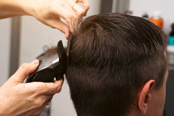 Hair salon master trimmed client hair with electric razor at barber shop. Male client getting haircut by hairdresser. Hair care, beauty industry, barber concept.