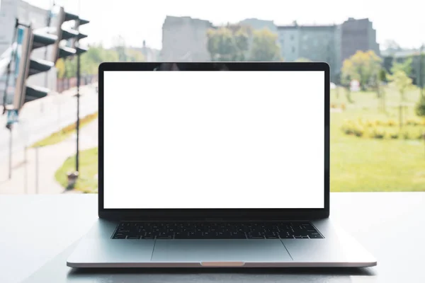 Laptop Mockup Notebook White Screen Morning City Background Urban Remote — Stock Photo, Image