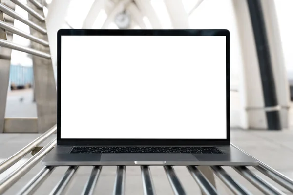 Laptop White Screen Railway Station Empty Copy Space Blank Screen - Stock-foto