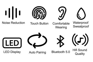 Basit Vektör Kümesi, gürültü azaltma, dokunmatik düğme, bluetooth, otomatik eşleştirme, beyaz üzerine izole edilmiş
