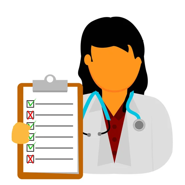 Vetor Mulher Doutor Segurando Papel Checklist Com Verdadeiro Falso Sinal — Vetor de Stock