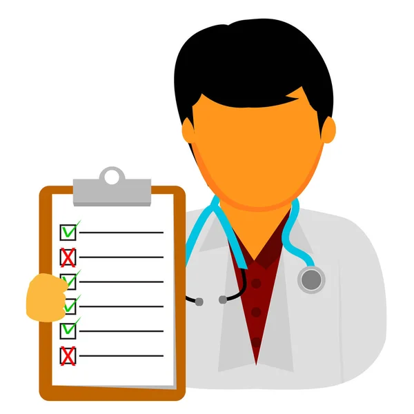 Vetor Simples Homem Doutor Segurando Papel Checklist Com Verdadeiro Falso — Vetor de Stock