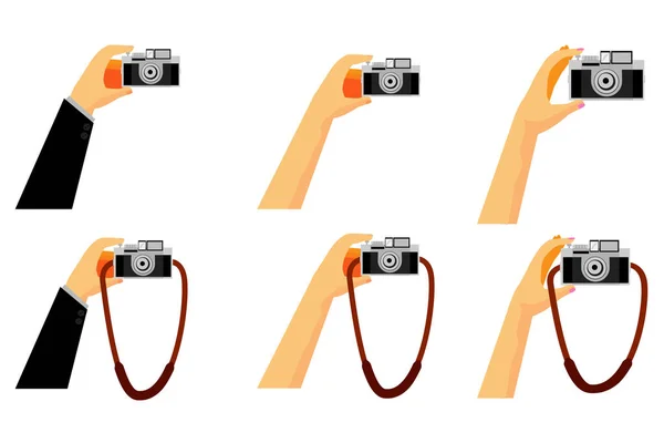 シンプルなベクトルセット6ハンド 保持ヴィンテージポケットカメラ — ストックベクタ