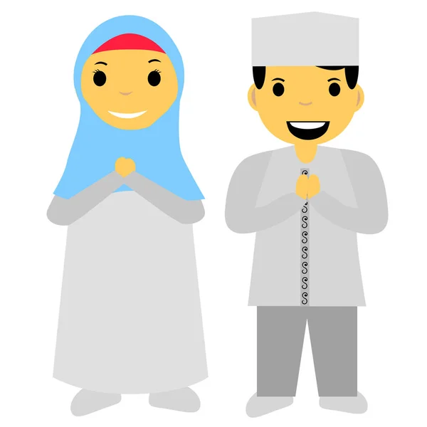 Simple Vector Coute Couple Muslim Muslimah Islam People Greeting Gesture — Stock Vector