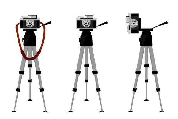 Eenvoudige Vectorset Vintage Camera Bij Statief Geïsoleerd Wit — Stockvector