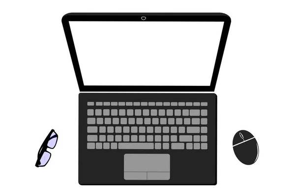 Simples Vector Flat Lay Black Notebook Mouse Sem Fio Óculos — Vetor de Stock