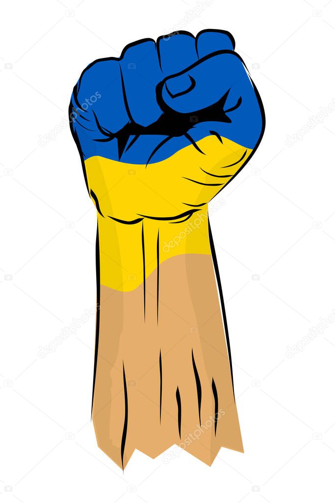 Simple Vector Sketch Punching or Fisting Hand, body painting Ukraine Flag 