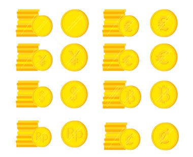 Basit Vektör Kümesi 8 Yığın Altın Para, beyaz üzerine izole