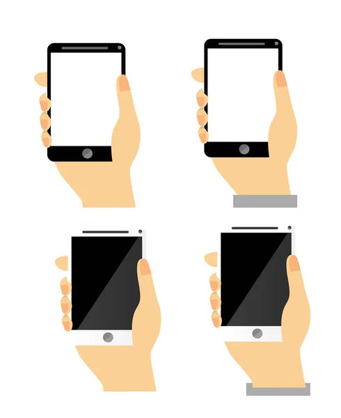 Simple Vector Set Hand Holding Black White Smartphone Isolated White — Stock Vector