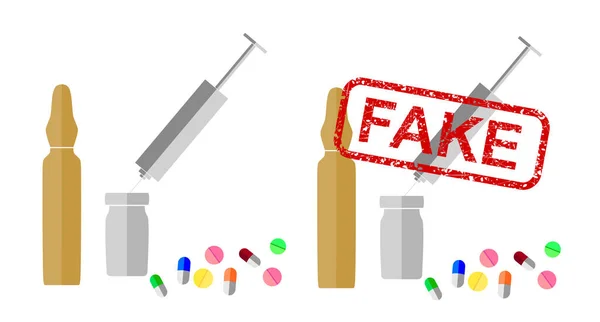 Vektor Flachbild Ikone Von Impfstoff Kapsel Pille Und Spritze Mit — Stockvektor