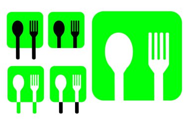 Restoran kimliğin için Squatre yeşil tabakta basit vektör 6 kaşık ve çatal ayarla. 