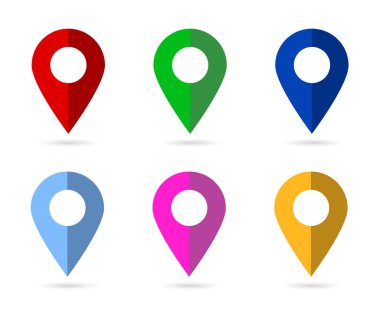 Basit Vektör Seti 6 Harita İşaretleyici yumuşak gölgeli, Düz Renk beyaz üzerine izole