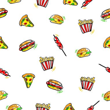 Basit Vektör El Çizimi Taslak Arka plan Vektör Çöp Yiyeceği, Burger, Hotdog, Sosis, Fransız, Kızartma ve karalama sarı ile pizza