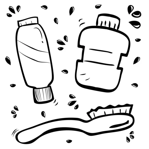 Simple Vector Hand Draw Sketch Tooth Paste Brush Mouth Wash — Wektor stockowy