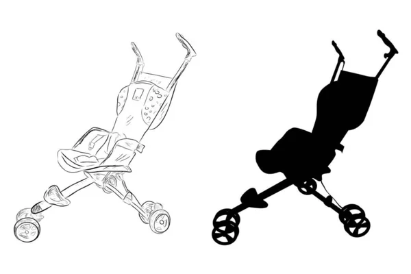 Simple Vector Set Sketch Silhouette Baby Stroller — Stock Vector