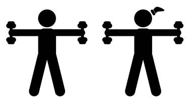 Basit Vektör Set 2 Çubuk Adam ve Kadın Egzersizi Dumbbell 'i kullanarak beyazda izole edildi