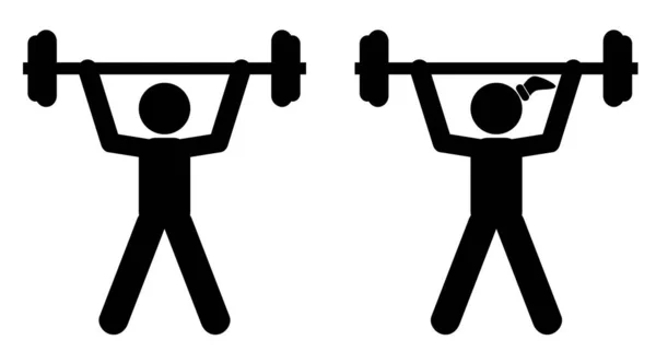 Simple Set Vector Stick Woman Man Stickman Workout Using Barbell — Vettoriale Stock