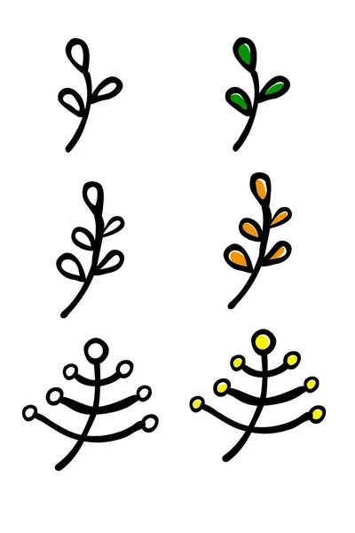 Simple Vector Conjunto Garabato Mano Dibujar Bosquejo Verde Amarillo Naranja — Archivo Imágenes Vectoriales