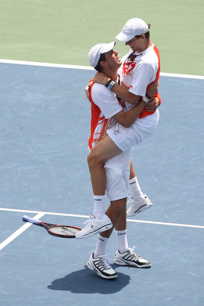 Bob Bryan of USA & Mike Bryan of USA play the doubles final against Eric Butorac of USA & Jean-Julien Rojer of Holland