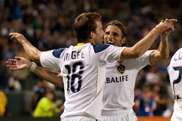 Mike magee ve frankie hejduk kutlamak bir gol oyun sırasında — Stok fotoğraf