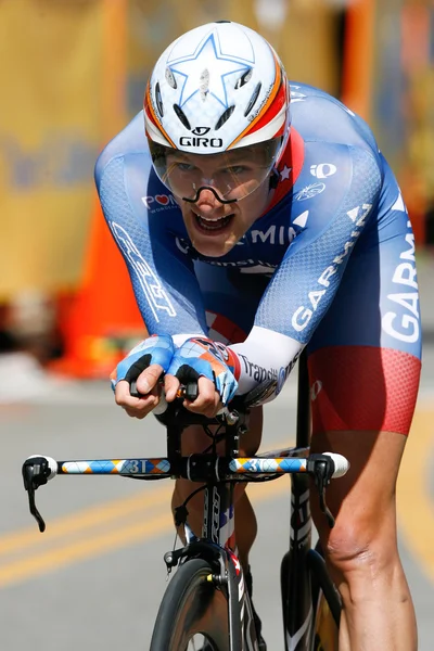 Dave Zabriskie rides his time trial throughout downtown Los Angeles — Stock Photo, Image