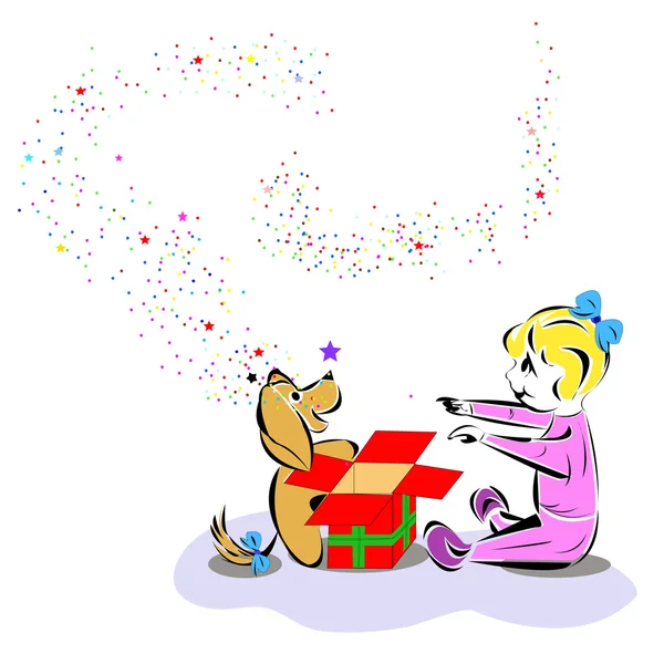 Yavru köpek hediye ile mutlu bir çocukluk — Stok Vektör