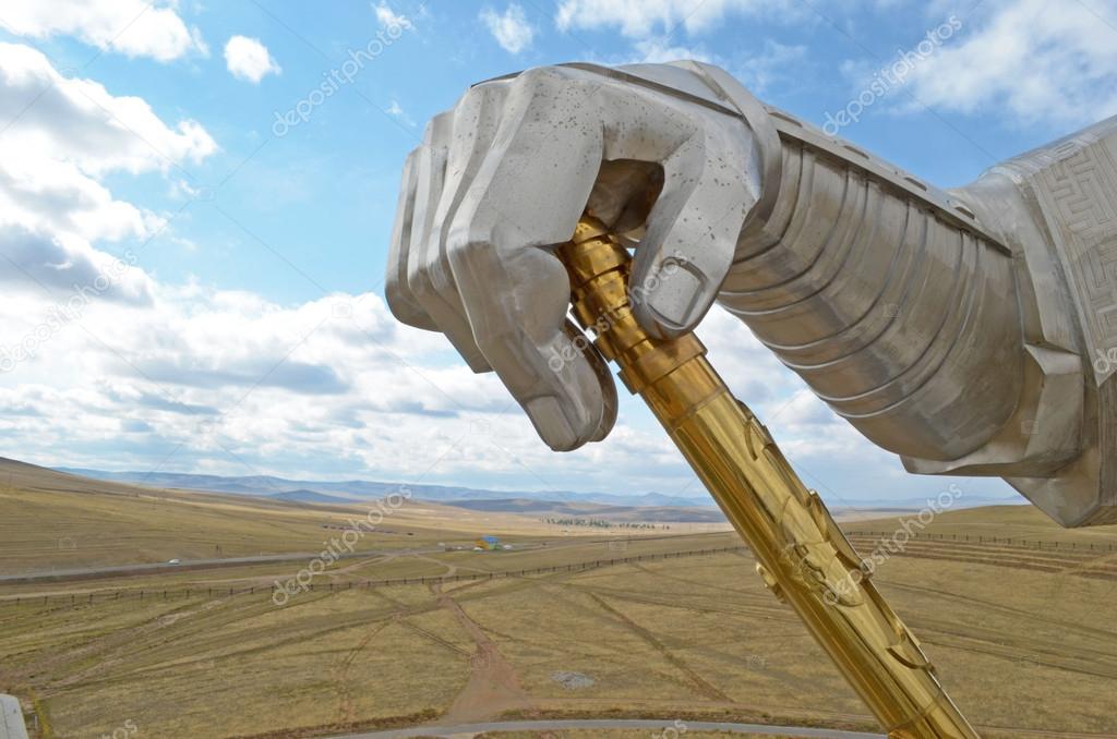 Fragment of statue of Genghis Khan in the memorial complex Golden Whip in Mongolia