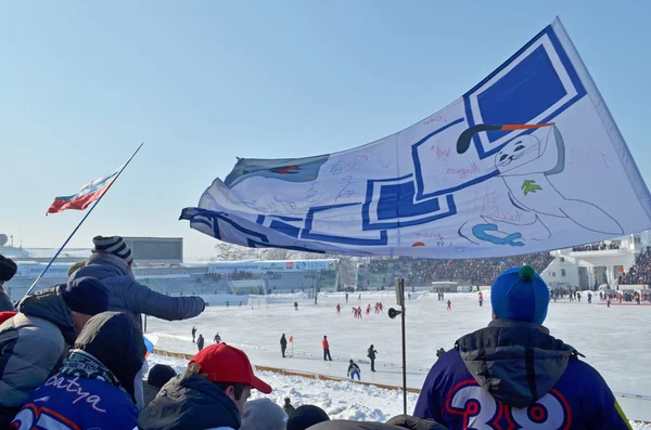 Team fans with flag on spectator grandstands — Stock Photo, Image