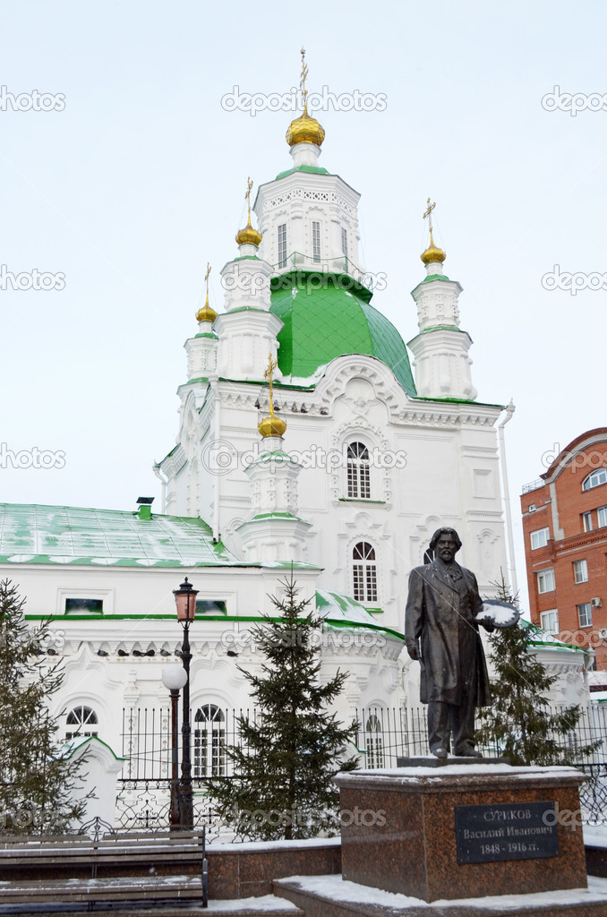 Pokrovsky Cathedral and monument to Russian artist V.I. Surikov in the city of Krasnoyarsk