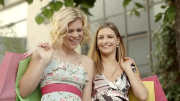 Friends portrait with two happy young women smiling — Stock Video