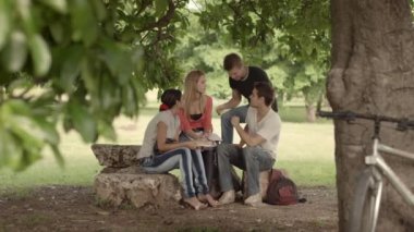 Grup dört üniversite öğrencilerinin ödev parkında.