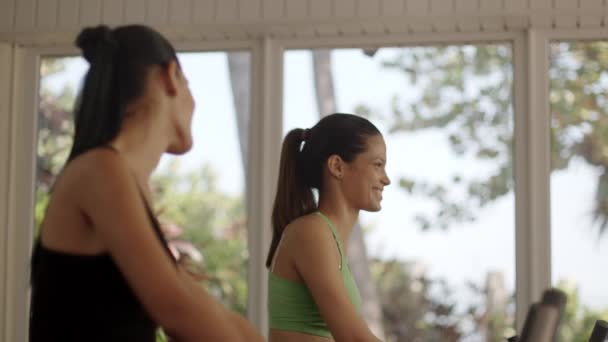 Chicas bastante jóvenes entrenando en bicicletas de fitness en el gimnasio — Vídeos de Stock