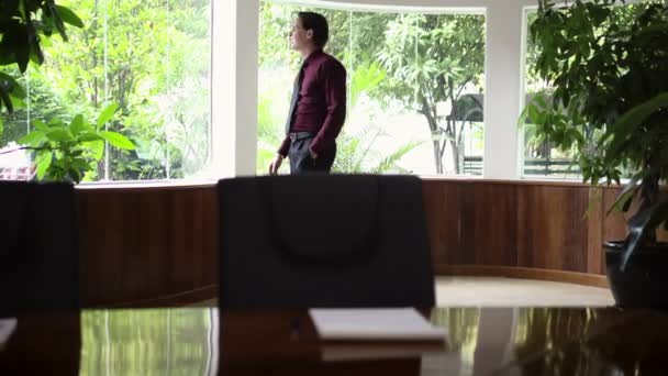 Homem de negócios jovem preocupado olha para fora da janela do escritório no trabalho — Vídeo de Stock