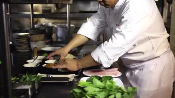 Primo piano delle mani dello chef che cucinano e preparano cibo asiatico — Video Stock