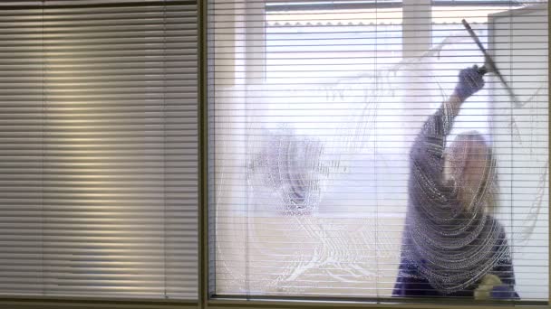 profesionální ženské čištění čištění a stírání okno v úřadu