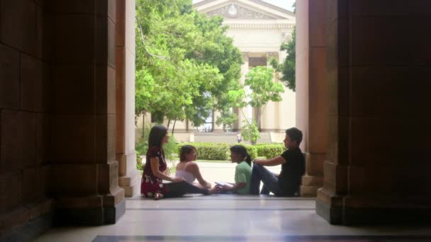 Étudiants à l'université, groupe de jeunes hommes et femmes parlant — Video