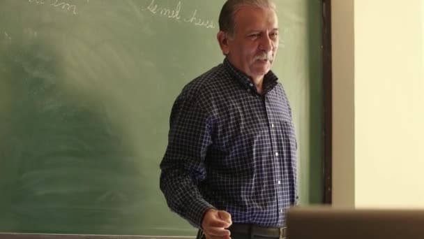 Escola, professor conversando com os alunos durante a aula — Vídeo de Stock