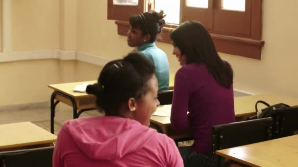 Jovens mulheres na escola, grupo de amigos, estudantes conversando — Vídeo de Stock