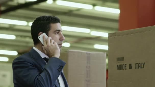 Portrait of manager in shipping facility talking on telephone — Stock Video