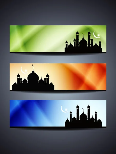 Set of religious header or banner for ramadan and eid with colorful background and mosque. — Stock Vector