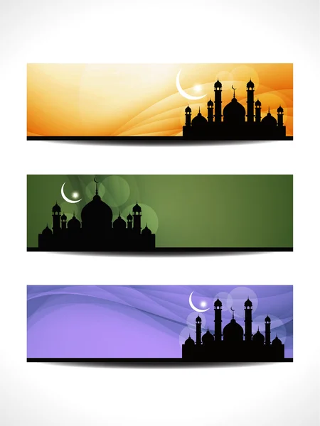 Set of religious header or banner for ramadan and eid with colorful background and mosque. — Stock Vector