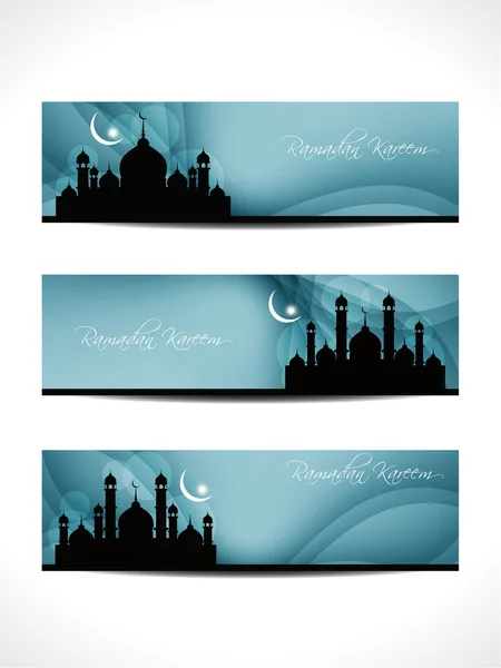 Set di intestazione religiosa o banner per ramadan ed eid con sfondo colorato e moschea . — Vettoriale Stock