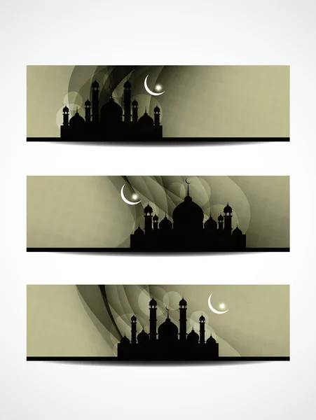 Conjunto de encabezado religioso o pancarta para ramadán y eid con fondo colorido y mezquita . — Vector de stock