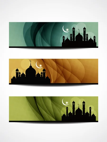 Set of religious header or banner for ramadan and eid with colorful background and mosque. — Stock Vector