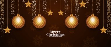 Mutlu noel festivali bayrağı ve Noel topları vektörü