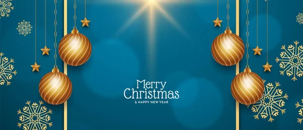 メリークリスマス祭り青いバナー付きクリスマスボールベクトル — ストックベクタ