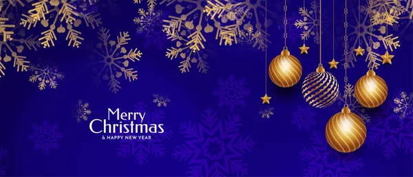 メリークリスマスフェスティバル青いバナーともに黄金のクリスマスボールベクトル — ストックベクタ