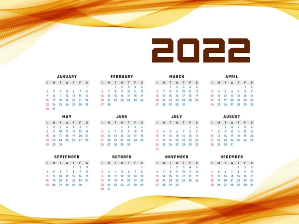 Nieuwjaar 2022 Kalender Helder Geel Golf Ontwerp Vector — Stockvector